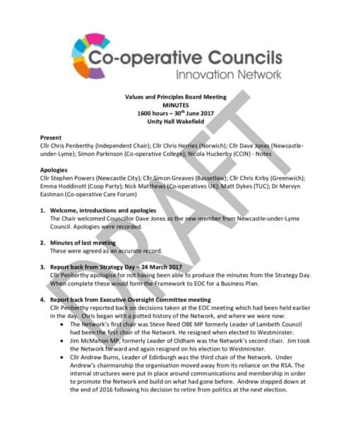 Minutes Values And Principles Board 30 June 17 Wakefield Copy Co Operative Councils Innovation Network